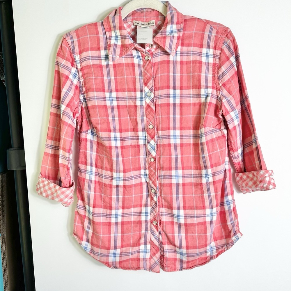 Tribal Jeans Reversible Plaid Gingham Snap Shirt Womens S Pink Cotton Very Good